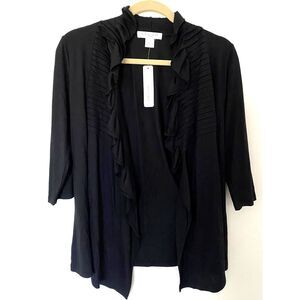 NWT August Silk Black 3/4 Sleeve Ruffle Front Open Stretchy Cardigan Sz S